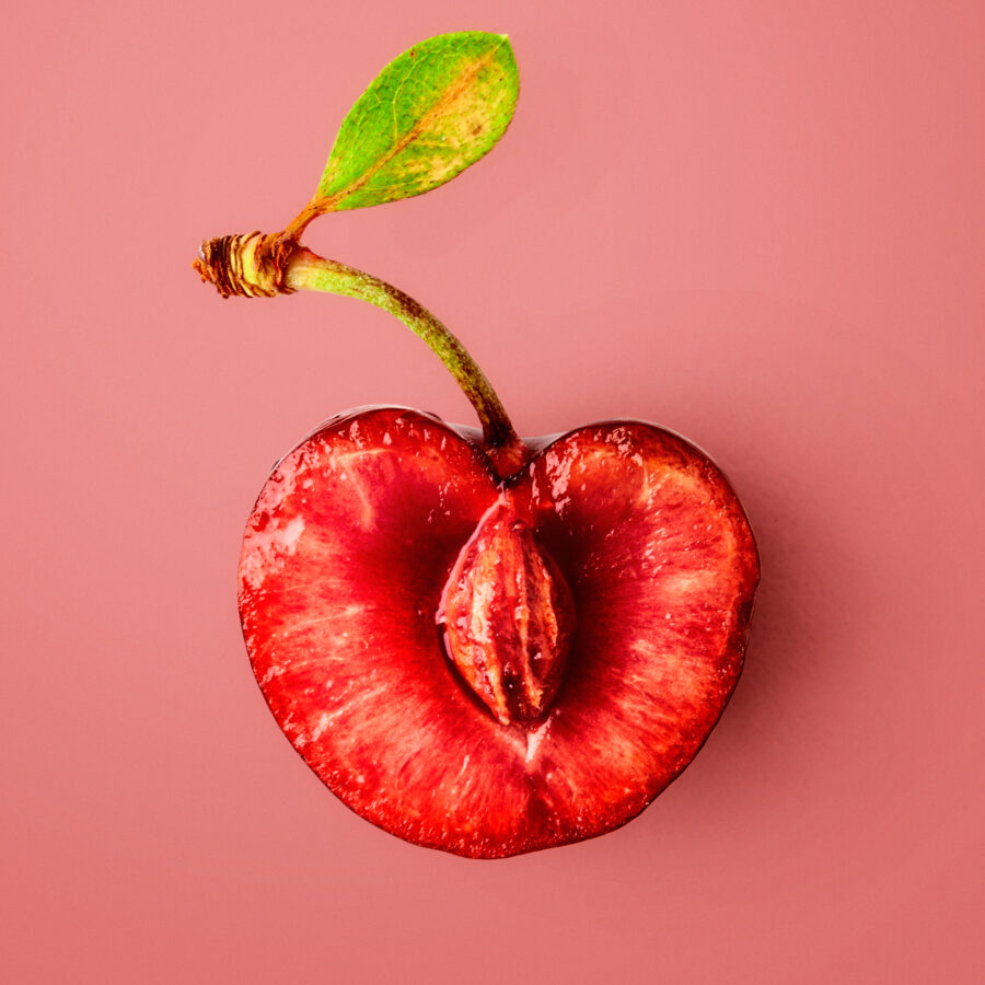 Fresh cherry fruits with leaf as creative layout. Healthy eating and food concept. Red berries composition. Flat lay, top view. Design elements, color card with copy space